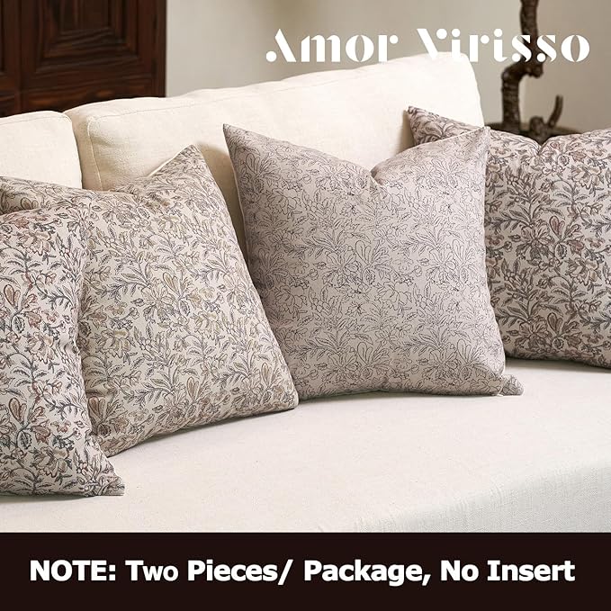 Amor Virisso Floral Throw Pillow Covers 18x18 Set of 2 Vintage Block Print Pillow Covers Decorative Pillow Covers Couch Pillows for Living Room Farmhouse Accent Sofa Pillows, Yellow/Sand