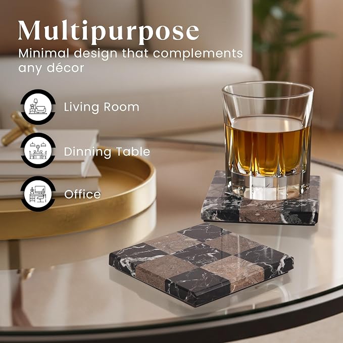 Marble Coasters Set of 4, Zebra Black & Oceanic Handmade 4 inch Stone Coaster, Square Drink Checkered Coasters for Coffee Table, Stylish Bar Accessories & Modern Home Décor