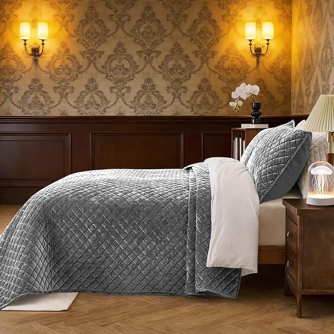 Velvet Oversized King Quilt Size Set 120x120 Ultra Luxury Soft Bedspread Coverlet 3-Piece King Comforter Sets with 2 Pillow Shams 20x36 Cozy All Seasons Velvet Bedding Set, Gray