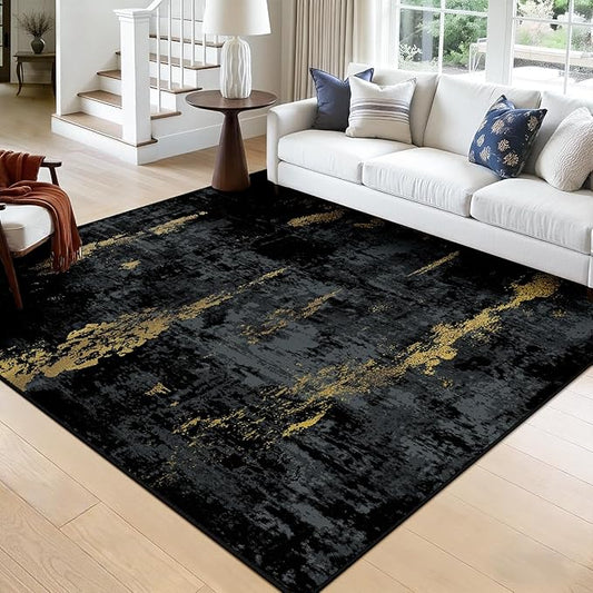RELEANY Washable Area Rugs Square 8ft Non-Slip Modern Abstract Soft for Living Room Entryway Bedroom Nursery, Print Pattern, Dark Black Gold