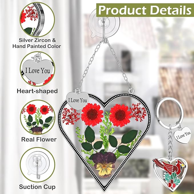 KY&BOSAM Heart Suncatcher I Love You Stained Glass Wind Chime for Windows Pressed Flower Between Heart in Glass and Metal Engraved Charm Birthday Gift for Women Mom Mother's Day Valentine's Christmas