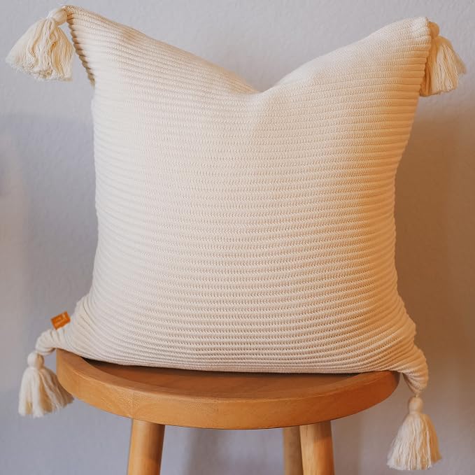 Soft Cotton Throw Pillow Cover with Ribbed Knit Texture and Tassel Corners Decorative Accent for Couch or Bed (20x20, Butter Cream)