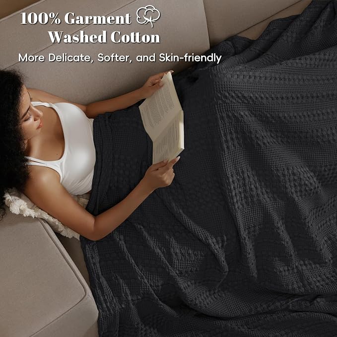 PHF 100% Cotton Waffle Blanket Queen Size for Bed, Lightweight Breathable and Soft for Summer, Luxury Aesthetic Waffle Weave Blanket for Home Decor & Gifts for Women, 90"x90", Black
