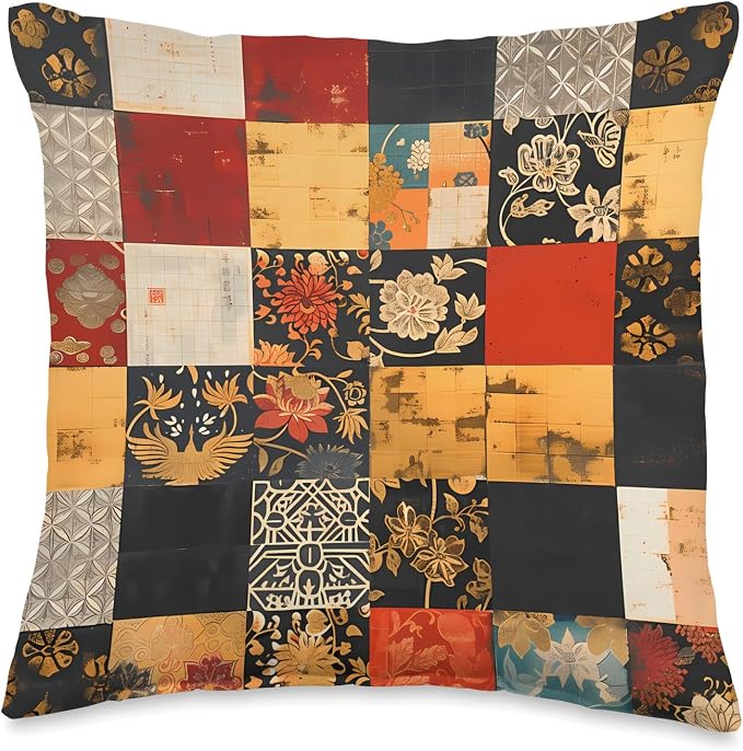 Japanese Buddhist Color Block Pattern Art Throw Pillow