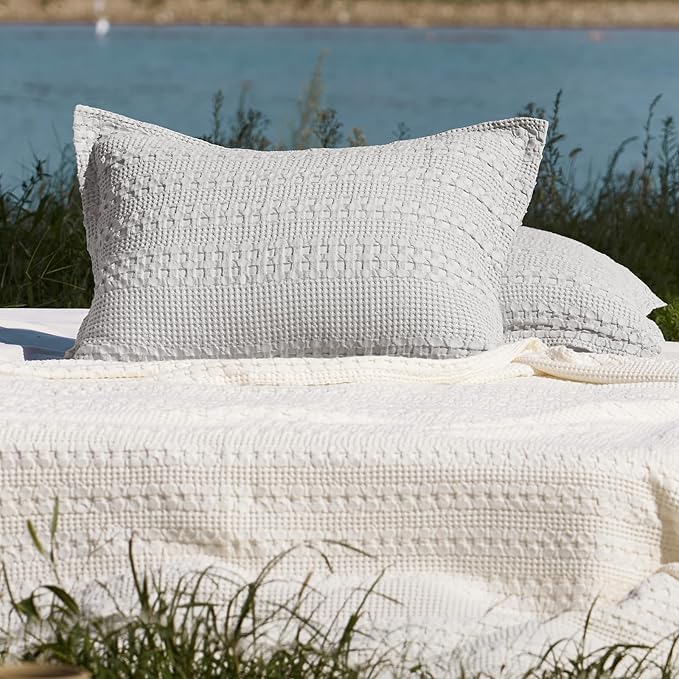 PHF 100% Cotton Ruffle Waffle Pillow Shams Standard Size, 2 Pack 20" x 26" Soft Skin-Friendly Pillowcases, No Filling, Aesthetic Home Decor, Breathable Waffle Weave Bed Pillow Covers, Light Grey