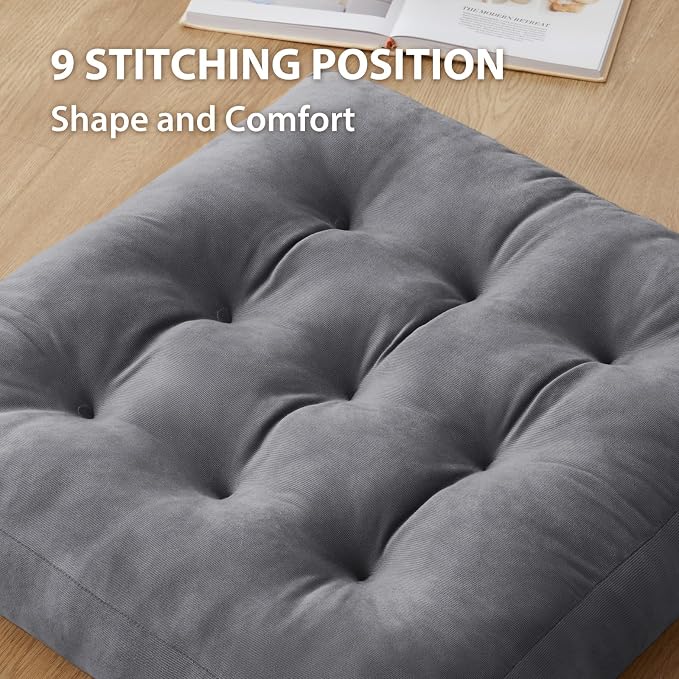 Meditation Floor Pillow Set of 4, Square Large Pillows Seating for Adults, Meditation Cushion Pillow,Tufted Corduroy Cushion for Tatami Living Room or Yoga, Dark Gray, 22x22 Inch