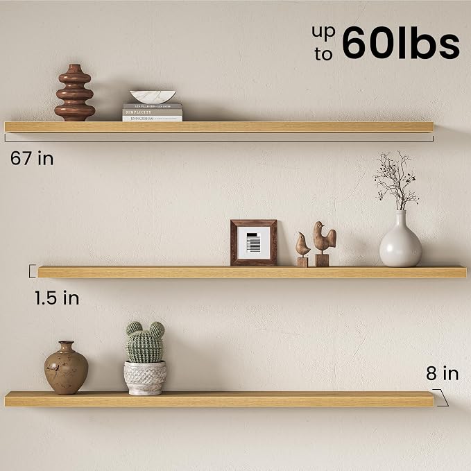 Fun Memories 67 Inch Floating Shelves for Wall, 8 Inch Deep Wall Mounted Wood Shelves with Invisible Brackets for Bathroom, Bedroom & Kitchen Storage Decor, Oak, 2 Pack