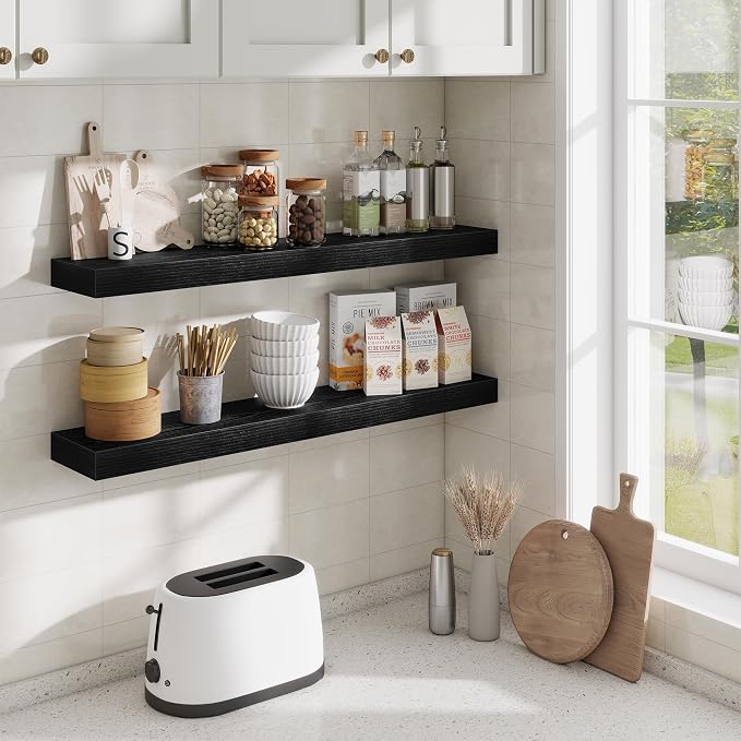 Fun Memories Floating Shelves for Room Wall, 36 Inch Long Shelf Set of 2， Hanging Wood Shelves for Storage & Display, Black
