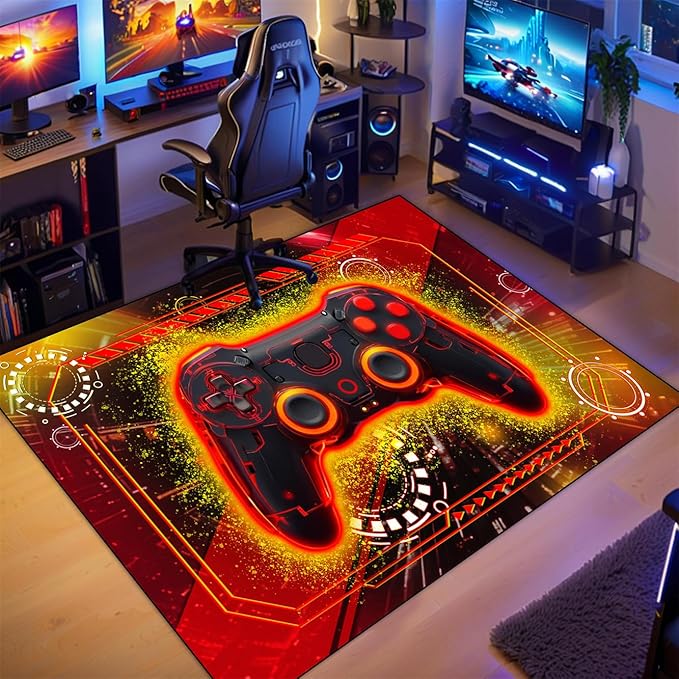 Boys Gamer Area Rug for Room - Yellow Gaming Carpet Rug for Kids Boys Bedroom Video Games Carpet Gamepad Themed Rugs Kids Room Decor, 70" L x 55" W