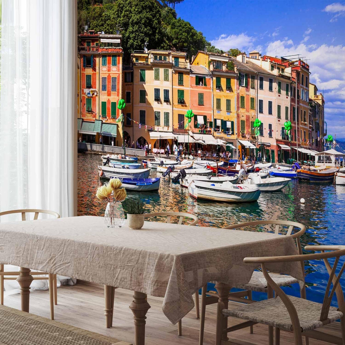 artgeist Wall Mural Architecture 216x98 in - XXL Non-Woven Corner Wallpaper Fleece Angle Wall Decor Photo Print Picture Image Design Modern City Lake Boat Like Painted d-B-0297-a-a