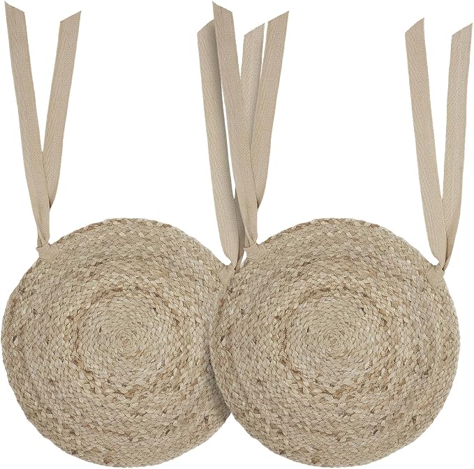 VHC Brands Jute Chair Pad, Dining Room and Kitchen Seat Cushion with Ties, Natural Collection, Round 15x15, Set of 2