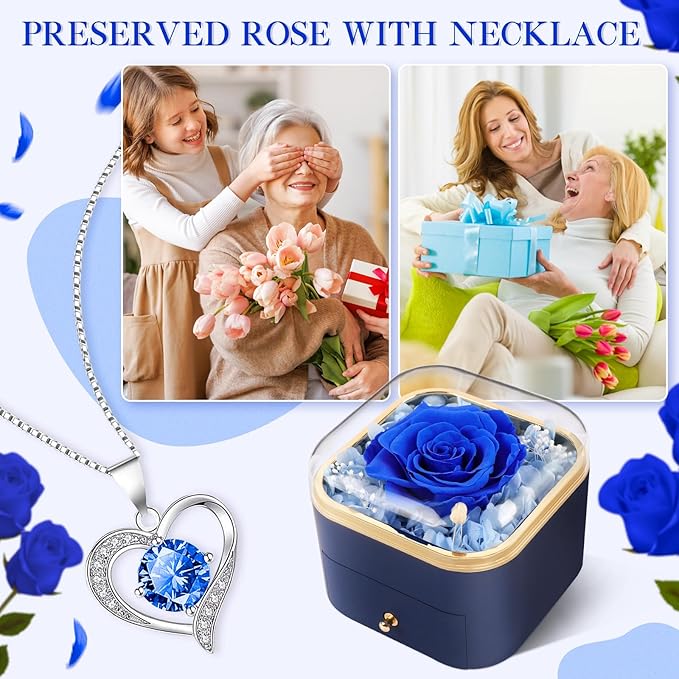 Beferr Gifts for Mom Preserved Real Blue Rose with Necklace Eternal Roses Forever Flowers for Delivery Christmas Anniversary Birthday Mothers Day Flower for Women Her Grandma Wife Daughter Girlfriend
