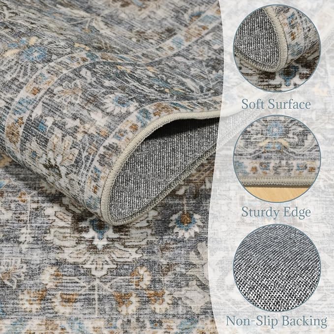 Washable Rugs for Living Room: 5x7 Area Rugs for Bedroom Ultra Soft Non-Slip Stain Resistant Vintage Boho Large Carpet for High-Traffic Dining Room - Farmhouse Decor