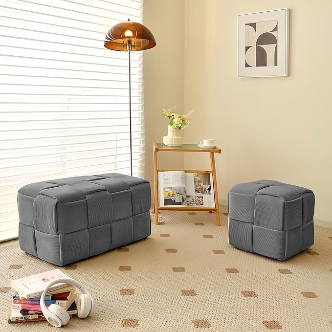 Cmishe 28" Rectangular Woven Corduroy Ottoman Footrest - Large Modern Entryway Bench & Bed End Stool, Sturdy Wood Frame, No Assembly (Grey-L)