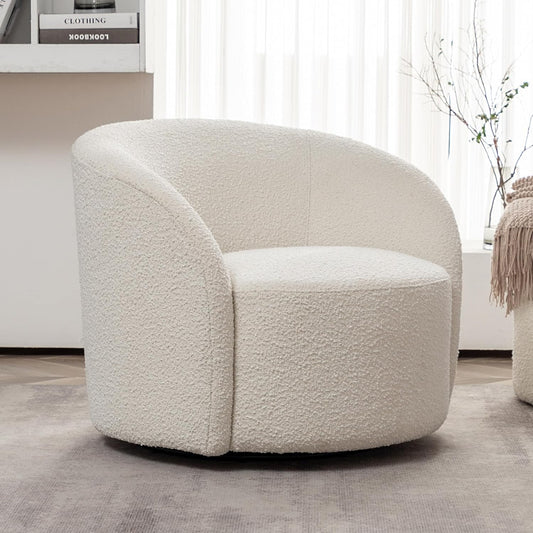 KINWELL 34" W Mid Century Modern Swivel Barrel Chair, Round Upholstered Boucle Swivel Accent Chairs, No Assembly Sofa Chair for Living Room Bedroom Reading Apartment Lounge Nursery(Cream)