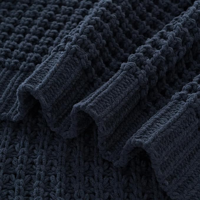 Bunnikins & Clover Navy Blue Throw Blanket for Couch, Knitted Blue Blanket Throw 60''x80'', Super Soft Waffle Navy Throws for Chair Sofa Home Decor