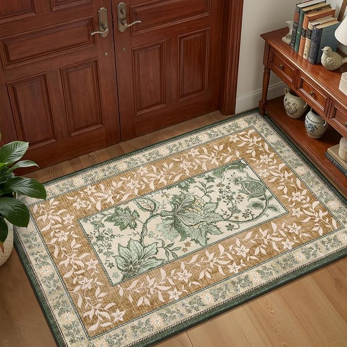 GarveeHome Terracotta Olive Sage Green 8x10 Area Rugs for Living Room, Botanical Grove Cottagecore Washable Rug for Bedroom Dining Nursery Low-Pile Vintage Large Carpet