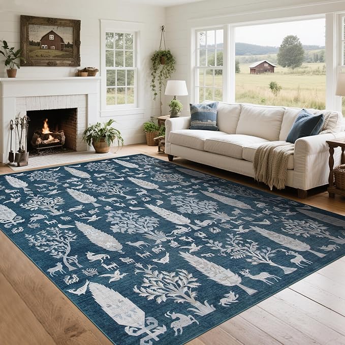 Srugn Washable Rugs 8x10 Area Rugs for Living Room,Bedroom,Dining Room- Large Ultra Soft Faux Wool Retro Carpet,Non Slip&Non-Shedding Low Pile Vintage Print Rug for Home Office Dorm Playroom-Blue