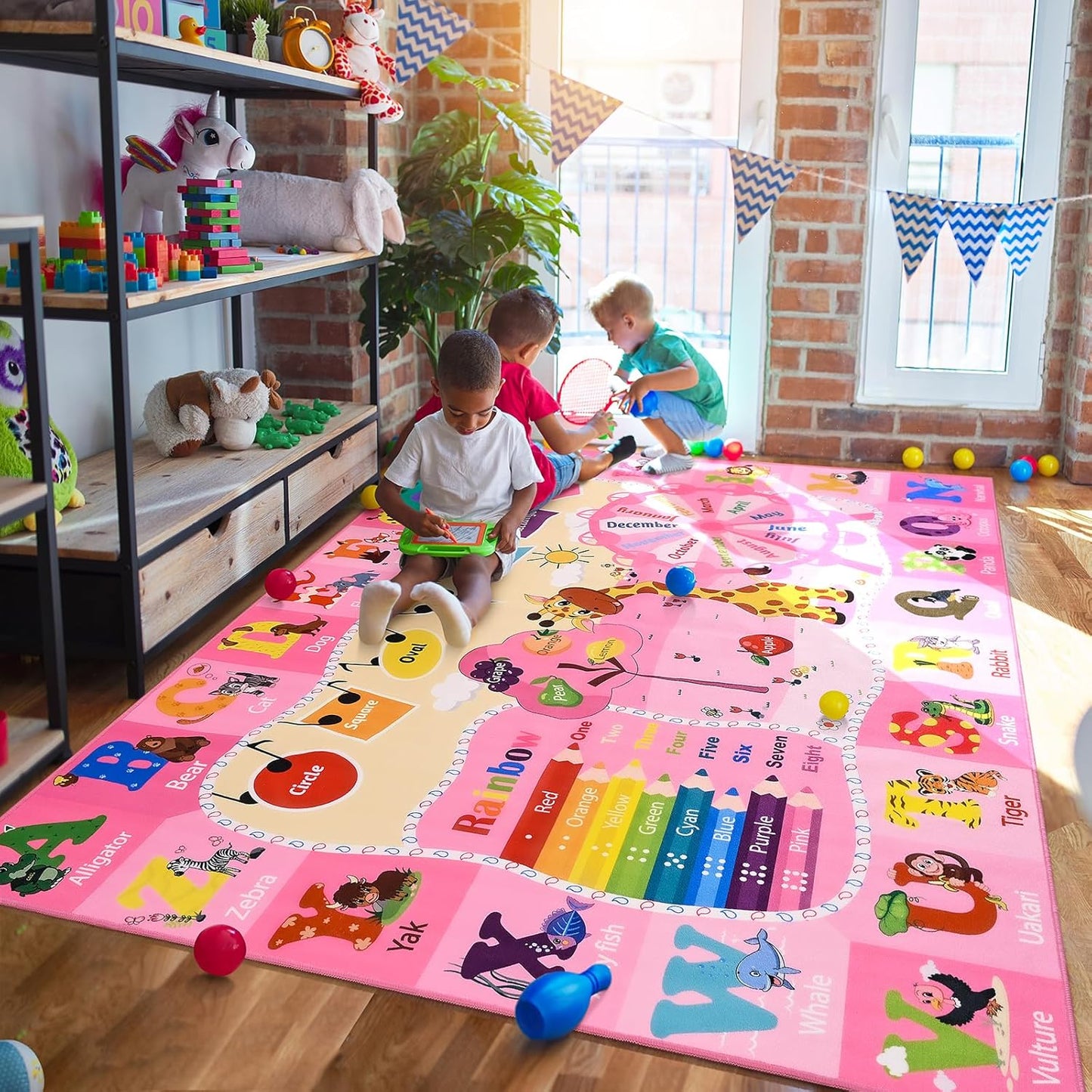 Kids Rugs for Playroom Bedroom Classroom Nursery, Non-Slip and Washable Rugs for Children Toddlers Girls, Educational and Fun Rug Carpets with ABC Alphabet Animals Shapes, 6x9, Pink