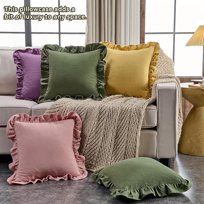 AmHoo Pack of 2 Throw Pillow Covers 100% Cotton Pre Washed Ruffle Decorative Pillowcase Cushion for Couch Sofa Bedroom 24 x 24-Inch Olive Green