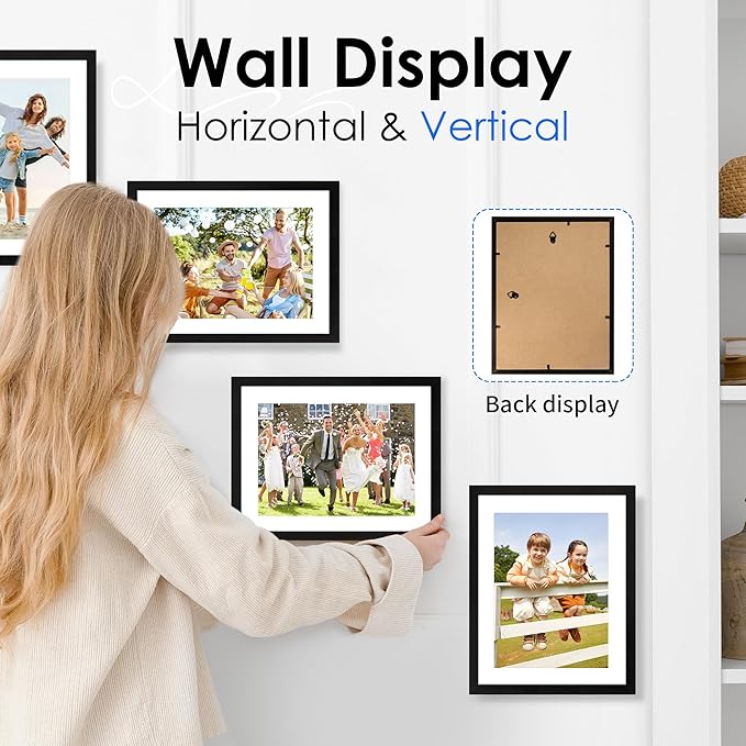 FIXSMITH A4 Picture Frame Set of 4, Photo Frame with HD Plexiglass, Display Pictures 6x8 with Mat or 8.3x11.7 Without Mat, Black Picture Frames Collage Wall Decor, Gallary Wall Frame