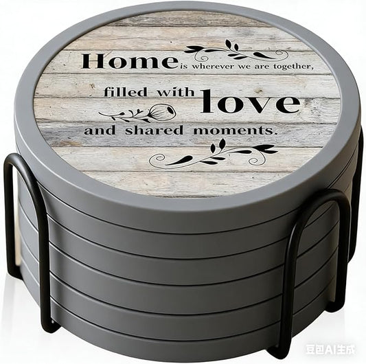Absorbent Coasters for Drinks with Holder, Set of 6 Farmhouse Coasters, Silicone Coaster with Soft Felt Insert, Round, Housewarming Gifts