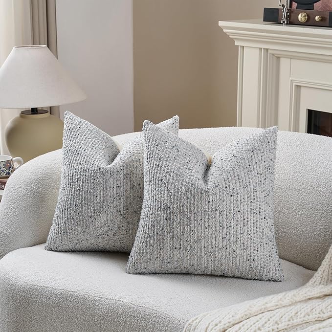 DEZENE Striped Throw Pillow Covers 24x24 Set of 2 Blue Textured Boucle Chic Morden Boho Accent Farmhouse Square Decorative Couch Pillow Covers for Home Decor Bed Sofa Living Room