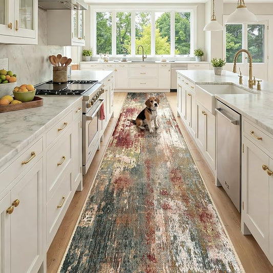 RELEANY Washable Area Rugs 3x12 Non-Slip Modern Abstract Soft for Living Room Entryway Bedroom Nursery, Print Pattern, Brown Rust Red Green Blue Multi