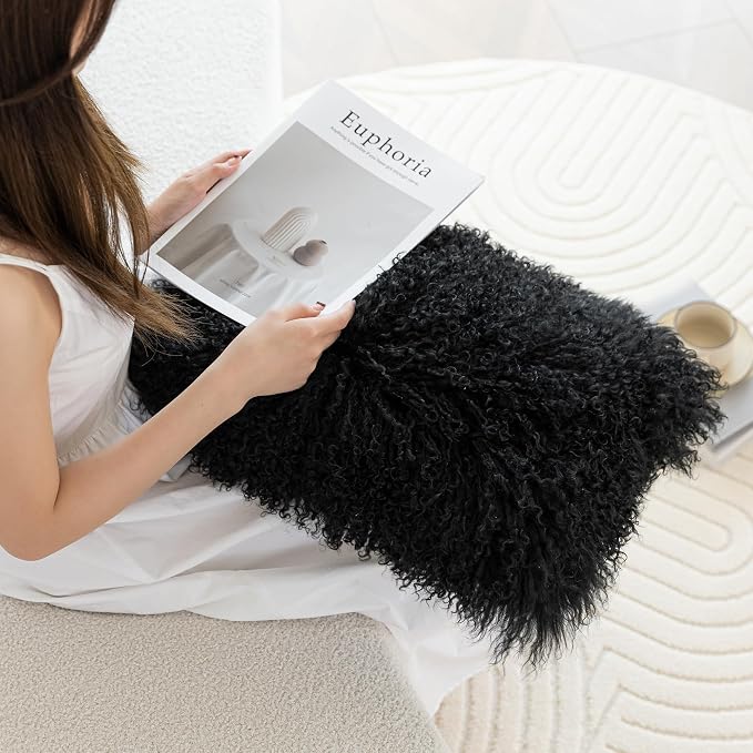 MOOX Mongolian Lamb Fur Pillow Covers Lumbar Throw Sheepskin Pillow Case Genuine Wool Fur Tibetan Accent Living Room Bedroom Decorative Cushion Cover (12 * 20inch Black)