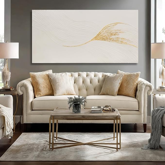 Dolidoteart Wall Art Hand Painted Oil Painting, Neutral White and Gold Textured Abstract Wall Art, Large 24x48 Inch Modern Living Room Wall Decor for Bedroom Dining Room Office Entryway