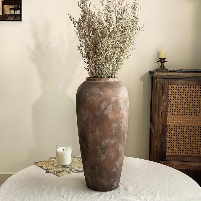15 Inch Ceramic Rustic Farmhouse Vase, Handmade Pottery Flower Vases for Home Decor, Brown Ceramic Vase for Living Room, Table Centerpieces & Shelf Decor, Wedding Gifts