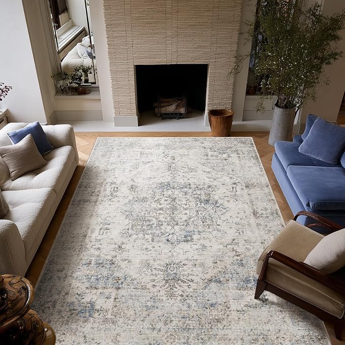 Machine Washable Rugs for Living Room: 6x9 Area Rugs for Bedroom Ultra Soft Non-Slip Low Pile Vintage Distress Boho Large Carpet for High-Traffic Dining Room - Farmhouse Decor