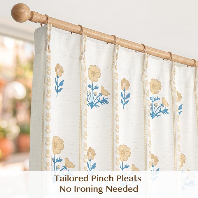 THREE GIRLS Pinch Pleated Light Filtering Linen Blend Floral Block Print Curtains for Living Room, Bedroom, Farmhouse, Memory Trained, Hooks, 2 Panels Set, 40"x108", Yellow