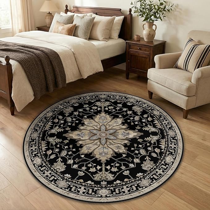 RELEANY Area Rugs 4ft Washable Non-Slip, Floral Vintage Distress Print Pattern Medallion Carpet for Living Room Bedroom Dining Room, Black Brown Neutral Dark Tan