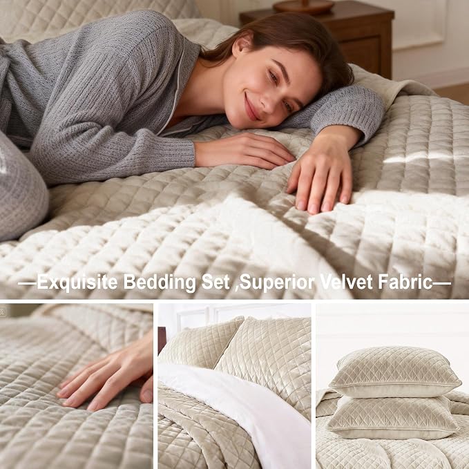 Velvet California King Quilt Size Set 106x118 Luxury Soft Bedspread Coverlet 3-Piece King Comforter Sets with 2 Pillow Shams 20x36 Super Cozy for All Seasons Velvet Bedding Set, Beige