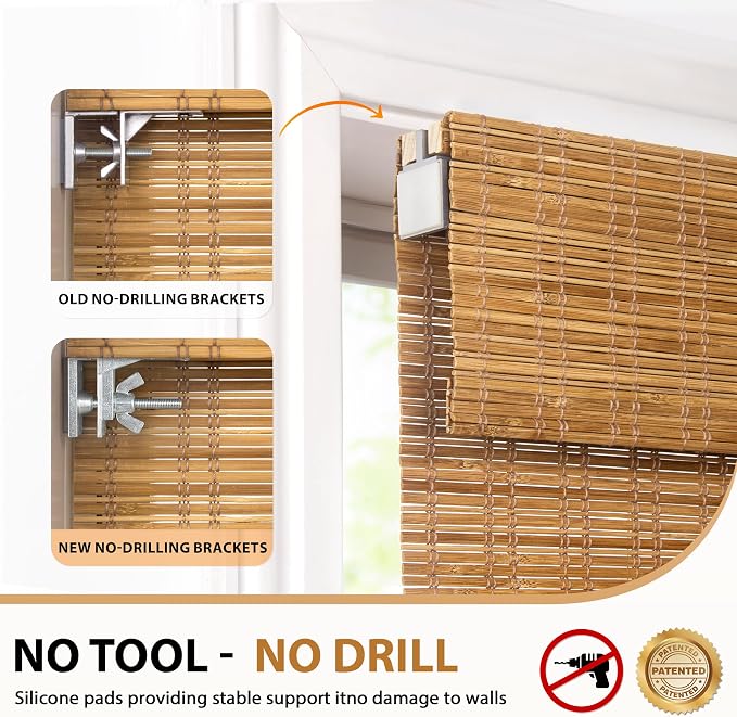 LazBlinds No Drill Bamboo Roman Shades, 22x64, Tuscan B | Light Filtering Window Treatment, No Tools Cordless Roll Up Bamboo Blinds for Window