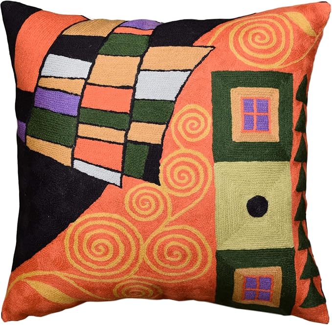Klimt Orange Modern Throw Pillow Cover | Orange Abstract Pillow | Modern Couch Pillow | Contemporary Throw Pillows | Outdoor Pillow | Mid Century Chair Cushions | Handmade Wool Size 18x18