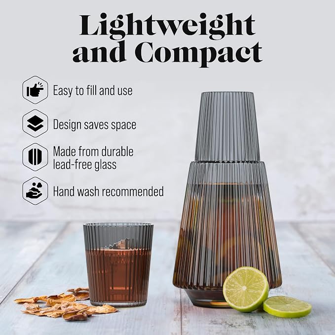 American Atelier 37 oz Vintage Bedside Water Carafe with Tumbler – 9.25" Ribbed Glass Pitcher with Cup Lid for Bedroom, Guest Room, Office, Vanity, Decorative & Practical Drinkware (Gray)