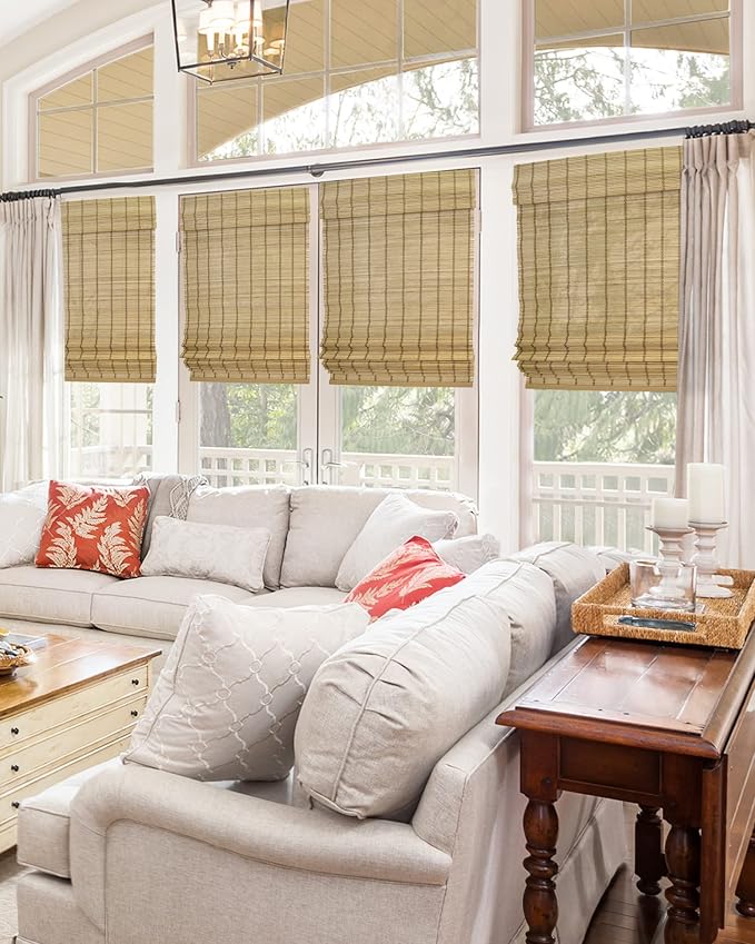 CHICOLOGY Bamboo Roman Shade, Cordless Light Filtering Woven Wood Window Treatment for Living Room, Dining Room, Kitchen & Office, Natural Bamboo Blinds for Boho Coastal Decor, Deer, 23" W x 64" H