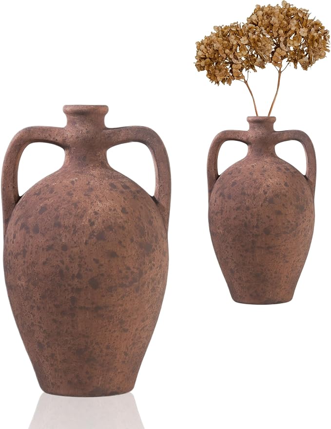 UPWOIGH 13.8in Terracotta Vase with Handles | Rustic Brown Finish, Distressed Ceramic Texture, Amphora Style, Pampas Grass Display, Mediterranean Farmhouse Décor