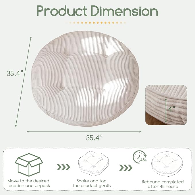 HIGOGOGO 35" Floor Pillow Cushion for Adults, Meditation Cushion Pillow, Extra Large Square Floor Sitting, Tufted Corduroy Cover for Tatami Living Room or Yoga, Beige