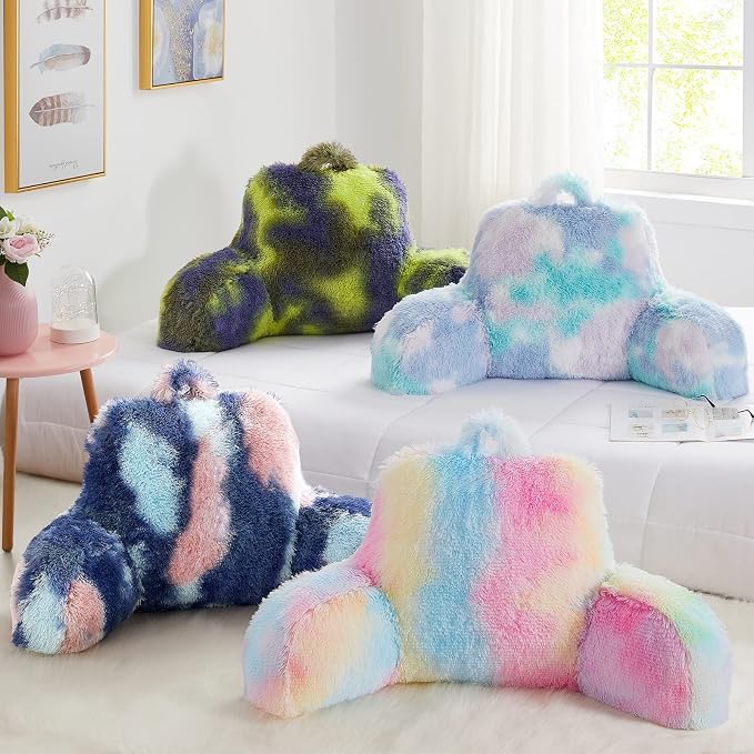 Faux Fur Backrest Pillow for Kids, Teen Reading Pillow with Arms, Fluffy Back Support Pillow for Sitting Up in Bed/Couch, Bed Wedge Pillow for Girls, Reading & Bed Rest Pillows (Pink)