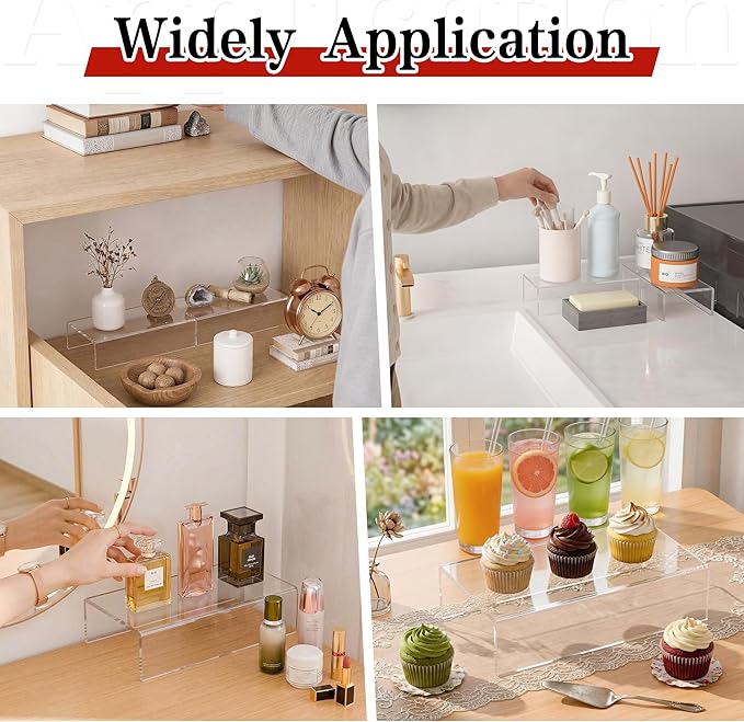 Sezanrpt Acrylic Shelf Riser 8x4.3x2 pack of 2, Clear Display Shelf 12” for Shoes, Glasses, Plants, Home Decors, Perfume, 8x4.3x2 Inch