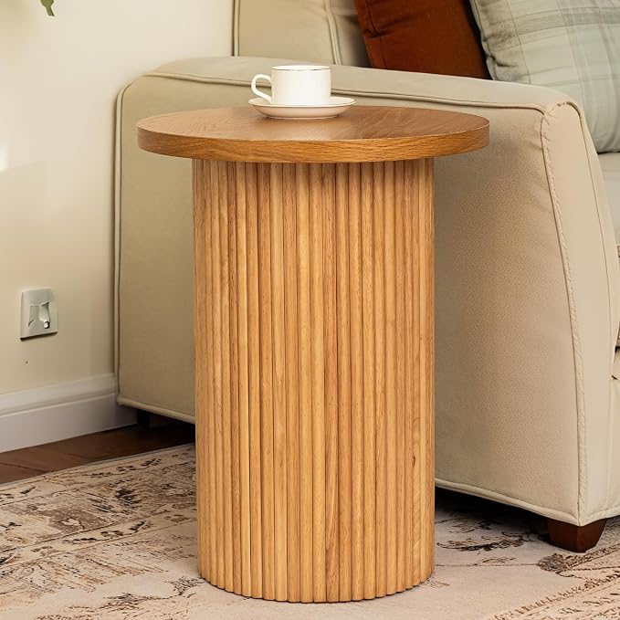Round Side Table, Small Wood End Table Nightstand for Living Room, Bedroom, Office Small Spaces, Mid Century Modern Farmhouse Accent End Tables, Fluted Base Design, 16.93" D x 22.44" H