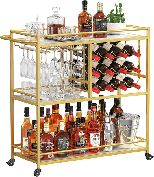 Lifewit Bar Cart for The Home, 3 Tier Drink Cart with Lockable Wheels, 12 Wine Rack and 3 Rows Glass Holders, Liquor Serving Cart for Kitchen Dining Livingroom, 31.6" x 13.1" x 33.9", Gold