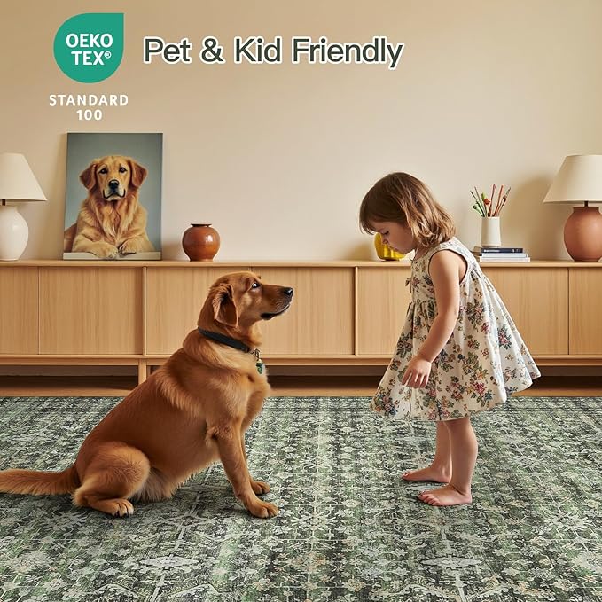 Lofus 5x8 Area Rug for Living Room,Green Washable Area Rugs with Non-Slip Backing,Soft Boho Carpets for Bedroom Dining Room Home Office Indoor Nursery