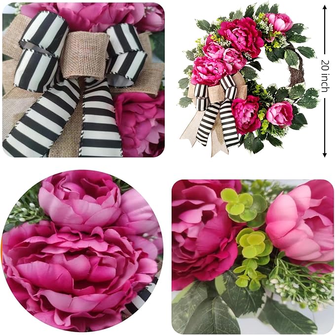 Spring Summer Wreath for Front Door,hot Pink Peony Wreath, Valentine Decor,Housewarming Gift, Wedding Door Decoration,Farmhouse Porch Decor, 20 inch