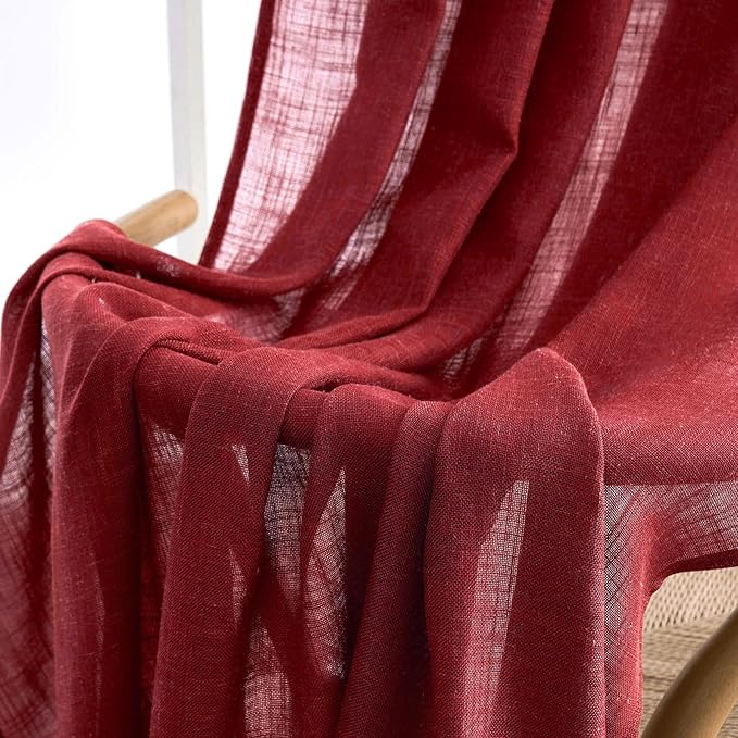 MIULEE Burgundy Red Linen Curtains 90 Inch Long for Bedroom Living Room, Soft Thick Linen Textured Window Drapes Semi Sheer Light Filtering Rod Pocket Back Tab Christmas Burlap Look, 2 Panels