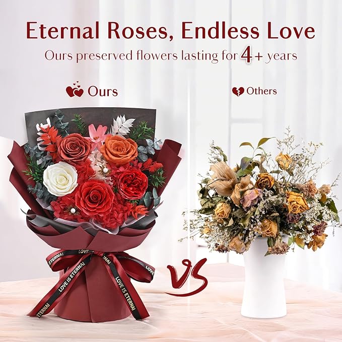 5 Pcs Glitter Red Preserved Roses Flowers Bouquet, Forever Rose Flowers for Delivery, Birthday Gifts for Women, Long-Lasting Red Roses with Vase Gift Box, Forever Flowers for Wife Mothers Day