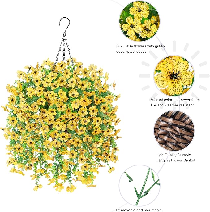 HyeFlora Artificial Hanging Flowers Basket for Outdoor, Fake Flowers Faux Plants Look Real for Yard Gardens Porch Patio Home (Yellow)